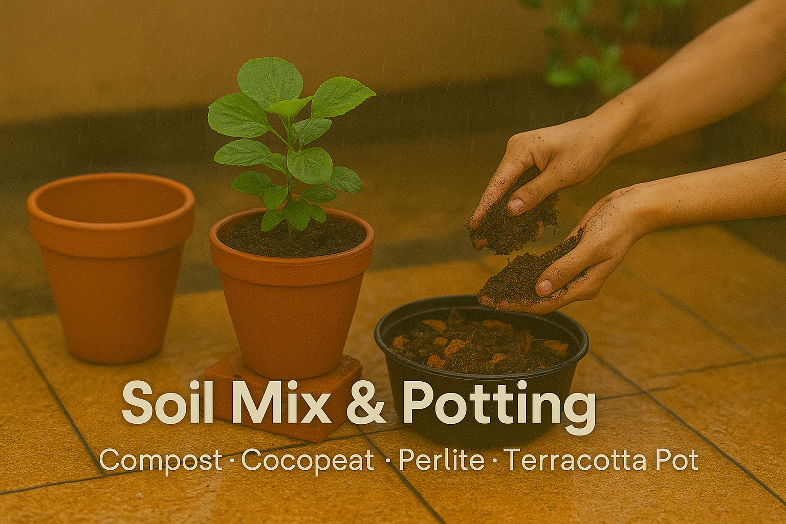 Monsoon potting soil mix with compost, cocopeat, perlite in terracotta pot – hand-repot the plant on the wet balcony floor for rainy season care